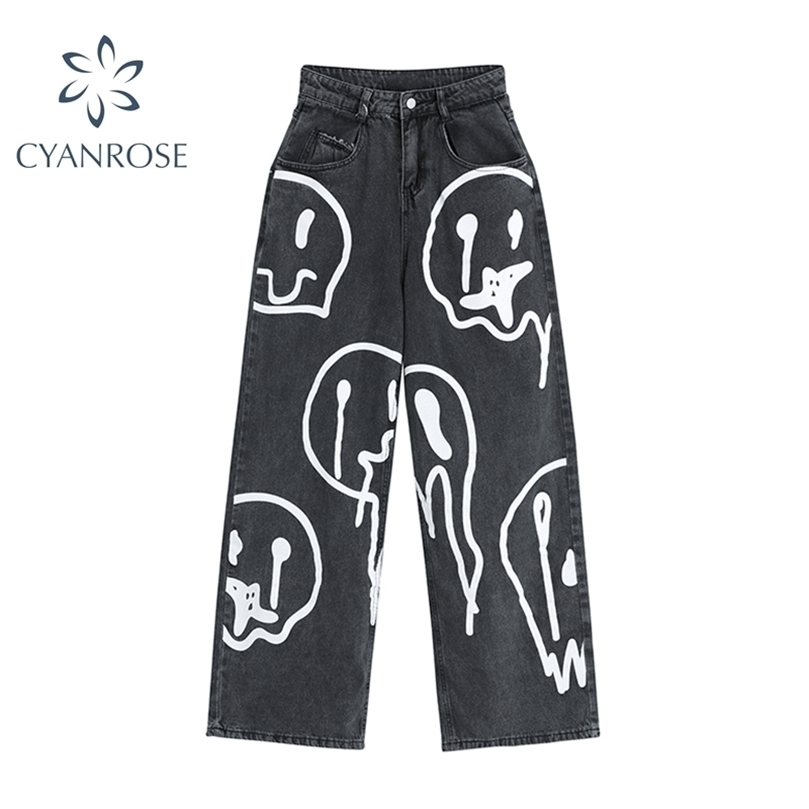 

Spring Fashion Ins Street Hip-hop Printing Wash Jeans Loose Casual Denim Wide Leg Pants Woman Long Trousers 220402, Black