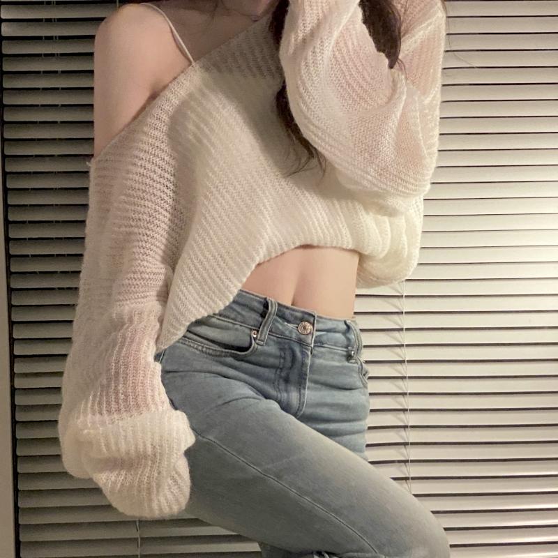 

Women's Sweaters High Street Sexy Off-the-shoulder Thin White Sweater Women 2022 Summer Loose Casual Sunscreen Knitted Crop TopsWomen's