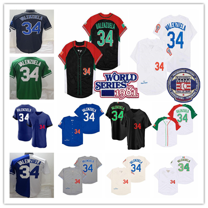 

Mexico 34 Fernando Valenzuela Baseball Jerseys Vintage LA 1981 Blue White Grey Cream WS Hall Of Fame Patch White Black Hemp-Grey Shirts Stitched Size S-3XL Men, As pic