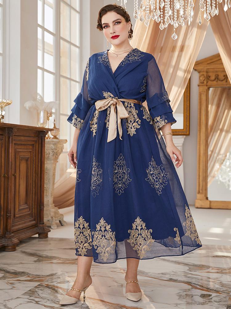 

Plus Size Dresses Women Maxi Dress Large Long Chic Elegant 2022 Summer Blue Lace Oversized Muslim Evening Party Festival ClothingPlus