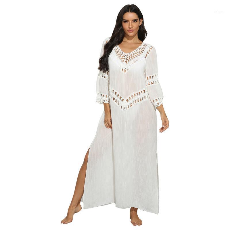 

Casual Dresses Sexy Hollow Out V-Neck Beach Dress Women Crochet Patchwork Bathing Suit Bikini Cover Ups Side Split Maxi Long Kaftan Vestidos, White
