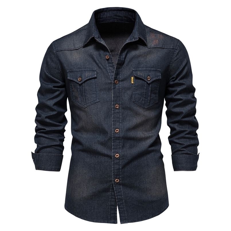 

AIOPESON Brand Elastic Cotton Denim Shirt Men Long Sleeve Quality Cowboy Shirts for Casual Slim Fit s Designer Clothing 220322, Navy