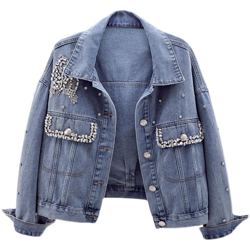 

Women's Jackets 2022 Spring Autumn Vintage Solid Denim Jacket Women Korean Loose Short Beaded Diamond Jeans Coat Female Clothes Trend G1740, Blue