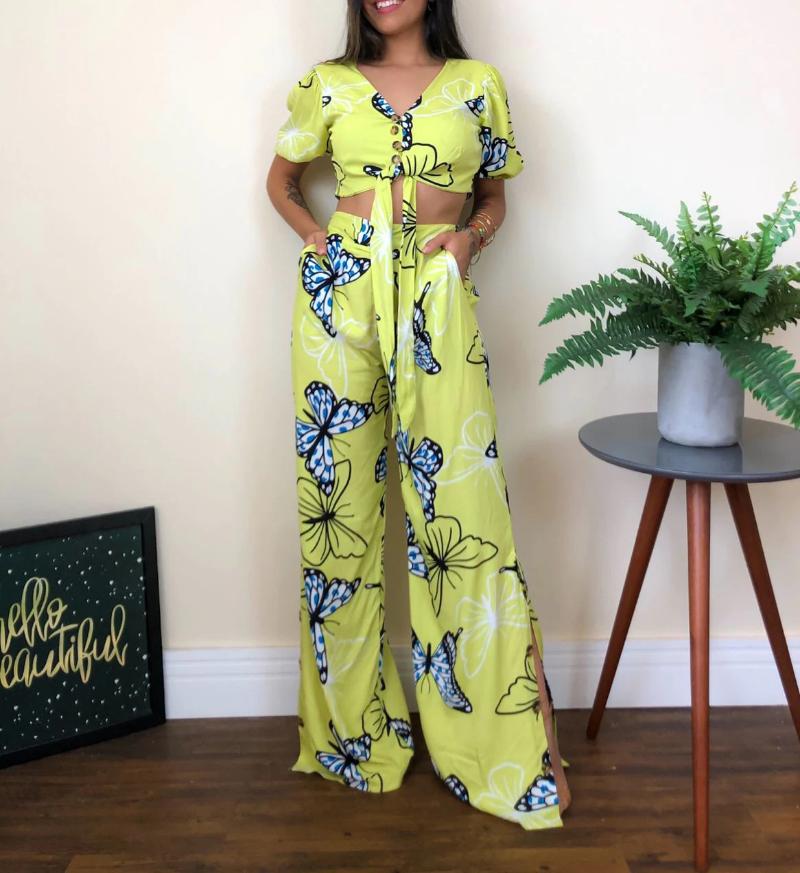 

Women' Two Piece Pants Printed Boho Women' Suits Elegant Lace-up Tops And Wide Leg Sets 2022 Summer Lady OutfitsWomen, Green