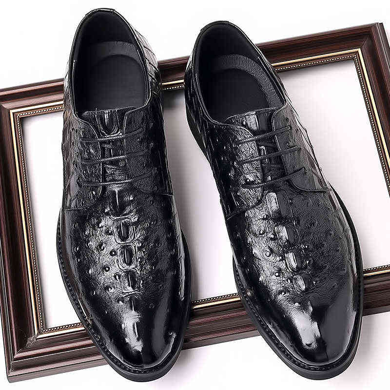 

Men's real new British business formal pointed lace up leather men's shoes, Black