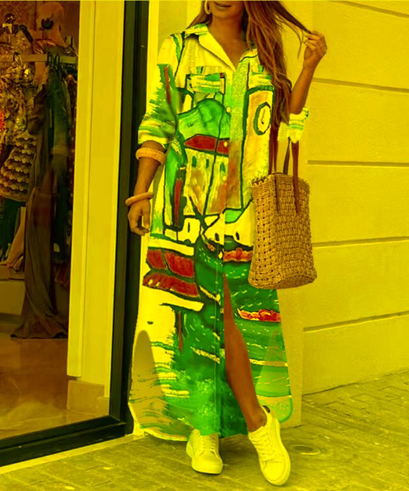 

Casual Dresses Boho Dress Single Breasted Button Irregular Long 2022 Women Sundress Sexy Turn-down Collar Face Print Maxi VestidoCasual