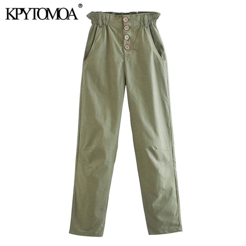 

KPYTOMOA Women Chic Fashion Pockets Paperbag Baggy Pants Vintage High Elastic Waist Buttons Female Trousers Pantalones 201228, As picture