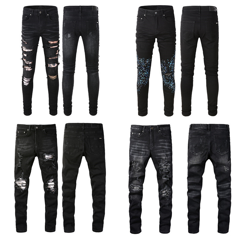 

Black Ripped Designer Jeans Skinny Mens Fit Distressed Torn For Man Rip Pants Damaged Patchwork Long Zipper Distress Destroyed Denim Youth, 691