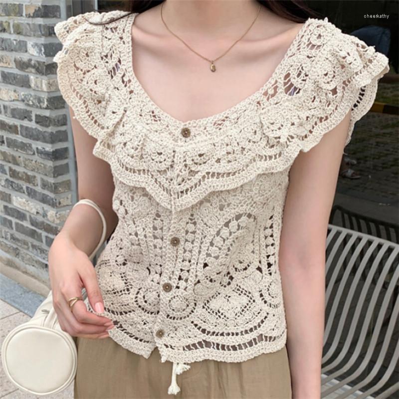 

Women's Blouses & Shirts Japan Style Kawaii Hollow Out Sleeveless Button Up Lace Blouse Women Summer Fashion Casual Cute Female Tops DropWom, White
