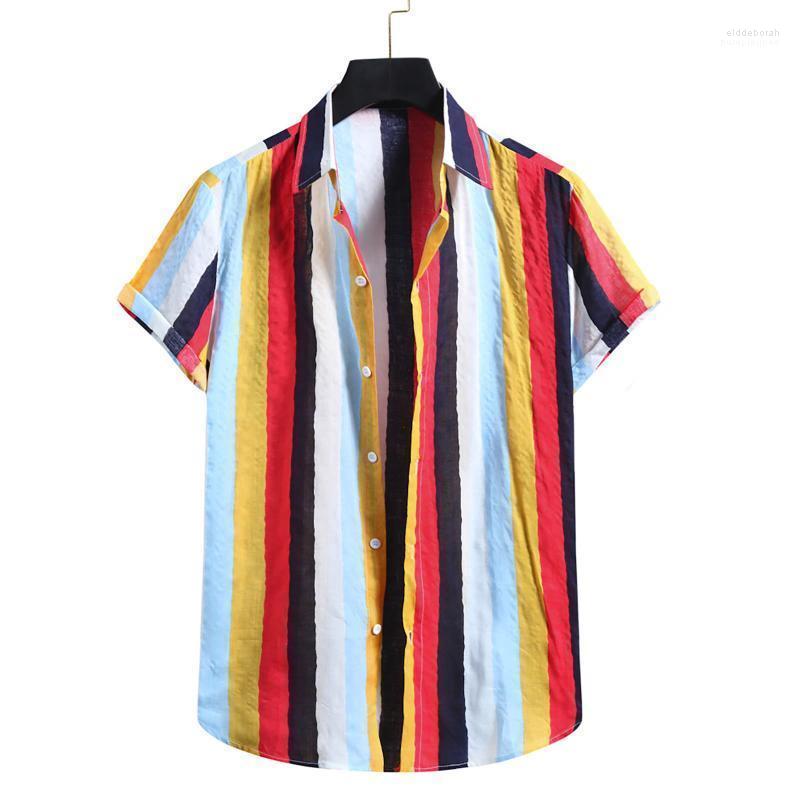 

Men' Casual Shirts Summer Beach Men Shirt Hawaiian Ethnic Linen Striped Print Short Sleeve Blouse Streetwear Camisas Clothing Kimono Eldd22, Black