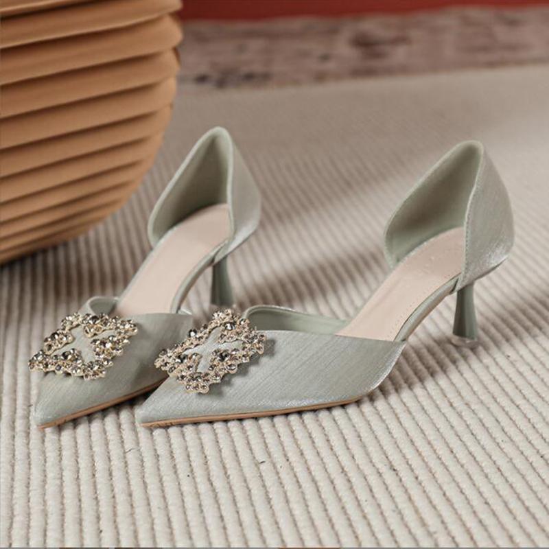 

Dress Shoes Pointed Rhinestone Square Buckle Satin Pumps Women's Wedding Crystal Work Fashion Sexy High Heels ShoesDress, Beige