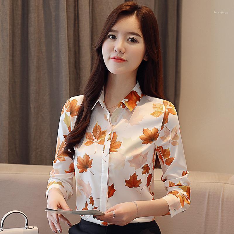 

Women' Blouses & Shirts 2022 Women Tops Fashion Floral Button Turn-down Collar Chiffon Blouse Long Sleeve, Beige