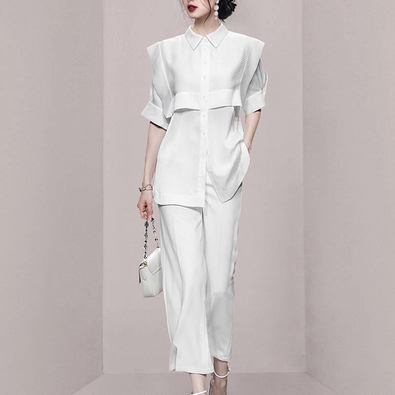 

Women' Two Piece Pants Summer Office Lady Set Outfits Women Short Sleeve White Shirt Wide-leg Suits Elegant Ensemble Femme 2 PiecesWomen, White two-piece
