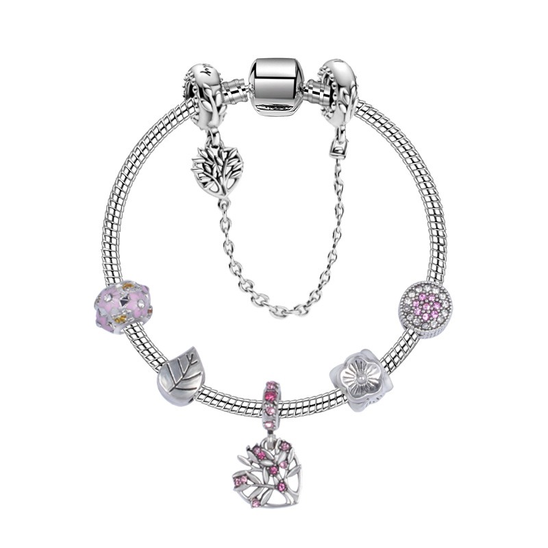 

2022 New Charm Bracelet Hollow Pink Crystal Tree of Life Pendant Safety Chain European Charm Beads Bangle Fits Pandora Charm Bracelets & Necklace