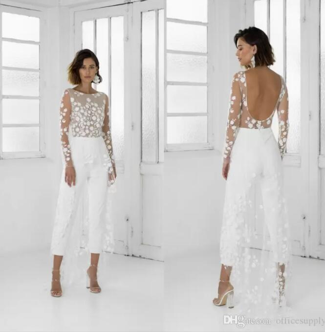 2022 Combinaison en satin blanc avec surjupe robes de bal élégantes manches longues robes de soirée dos nu pantalons robes de soirée robe de fête