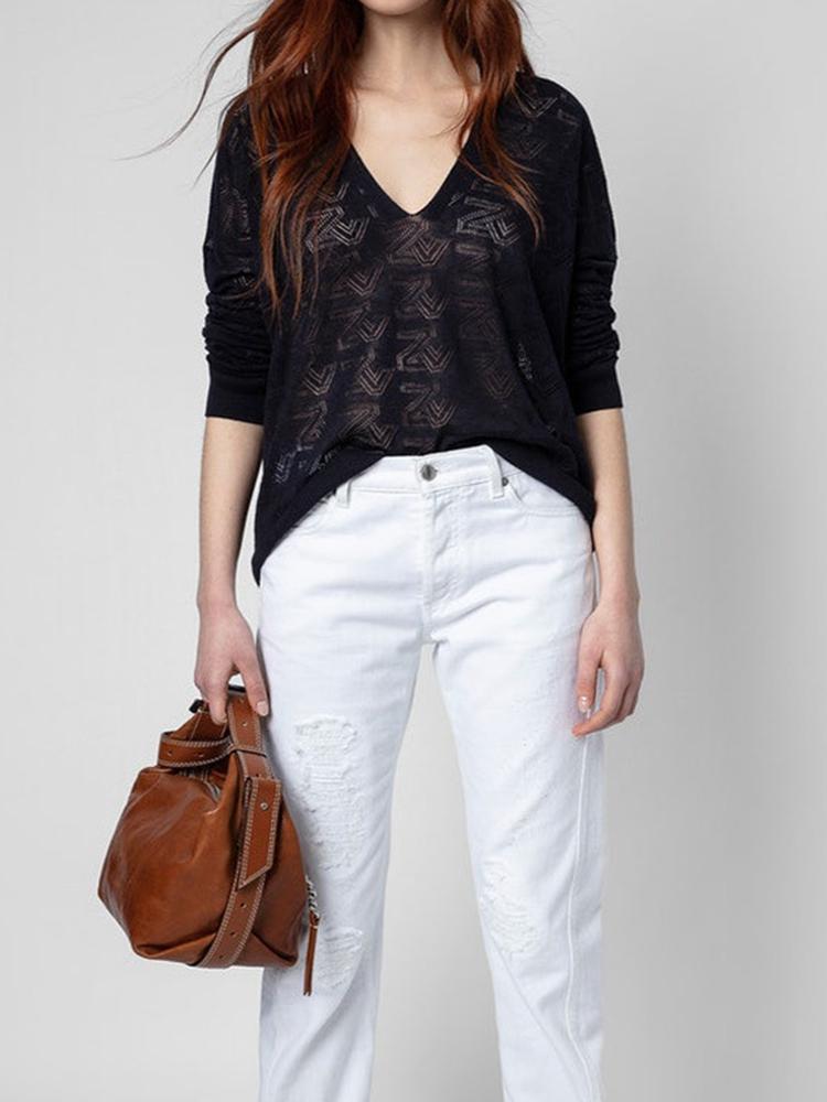 

Women' Sweaters Autumn And Winter Sweater V-neck Long-sleeved Letter Hollow Out Lightweight Breathable Cotton Linen Women PulloverWomen, Black