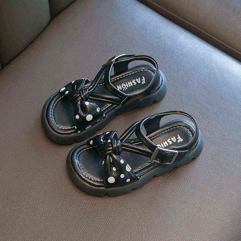 

Bow PU Delicate Girl Skirt All-match Open-toe Breathable Summer Dot Sandals 2022 New All-match Kids Japanese Cute Princess Shoes G220418, Black