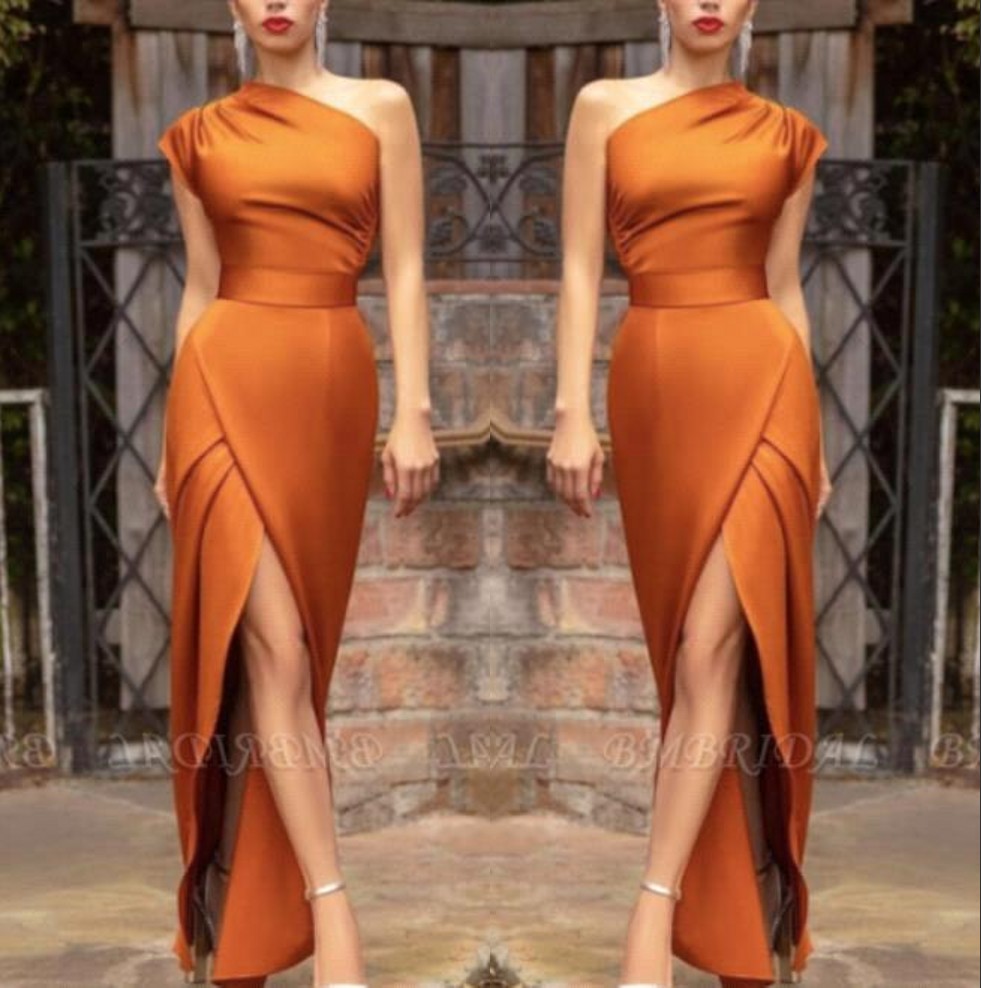 Elegant One Shoulder Satin Mermaid Prom Dresses Ruched Split Floor Length Formal Celebrity Evening Party Gowns Plus Size BC11255