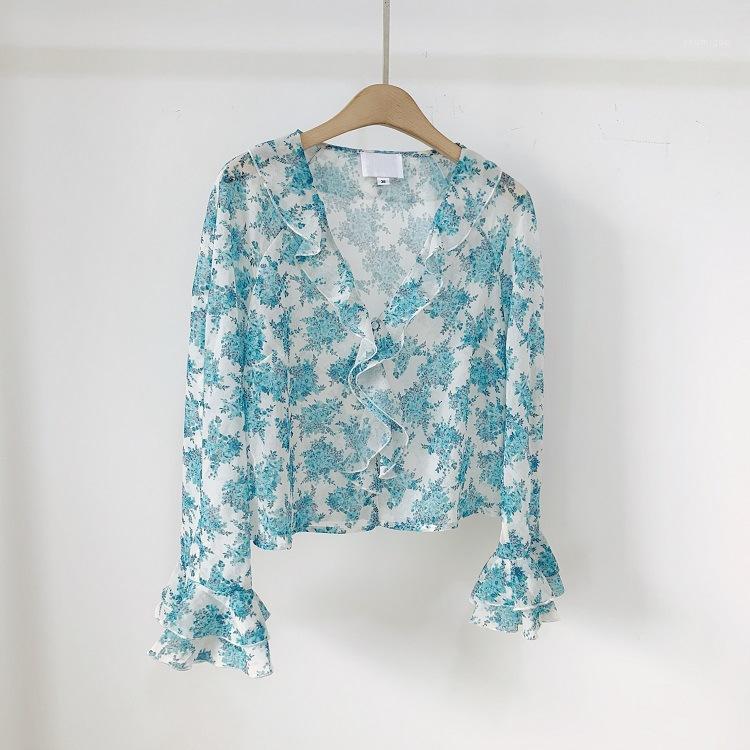 

Women' Blouses & Shirts Women Shirt 2022 Summer Temperament Fair Lady Flounces V Collar Broken Flower Print Jacket Chiffon Unlined Upper Ga, Blue