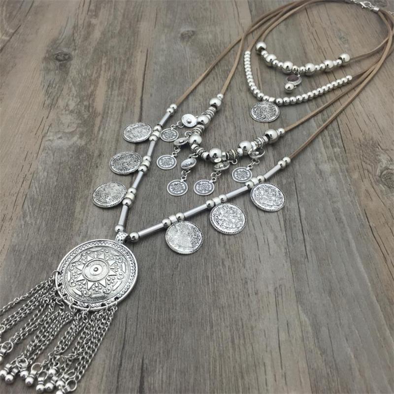 

Chokers Arrived Handmade India Silver Coin Pendants Long String Leather Necklaces Ethnic Jewelry For Woman Party Gift