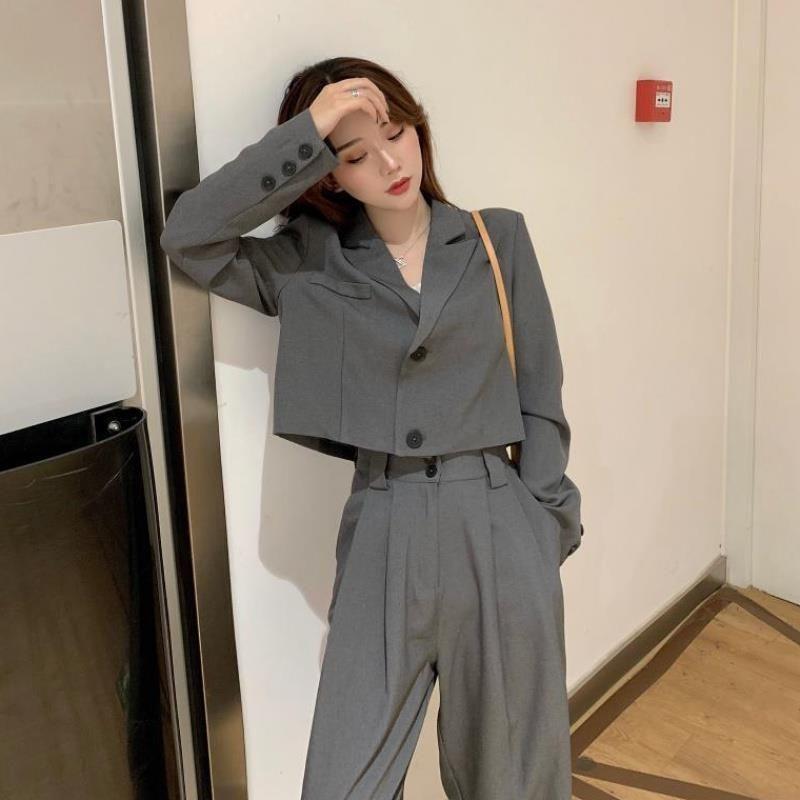

Women' Two Piece Pants Autumn Trouser Suits For Women Korean Short Blazer Jacket Wide-leg Ankle-length Two-piece Female Trend StreetwearWom, Black suits