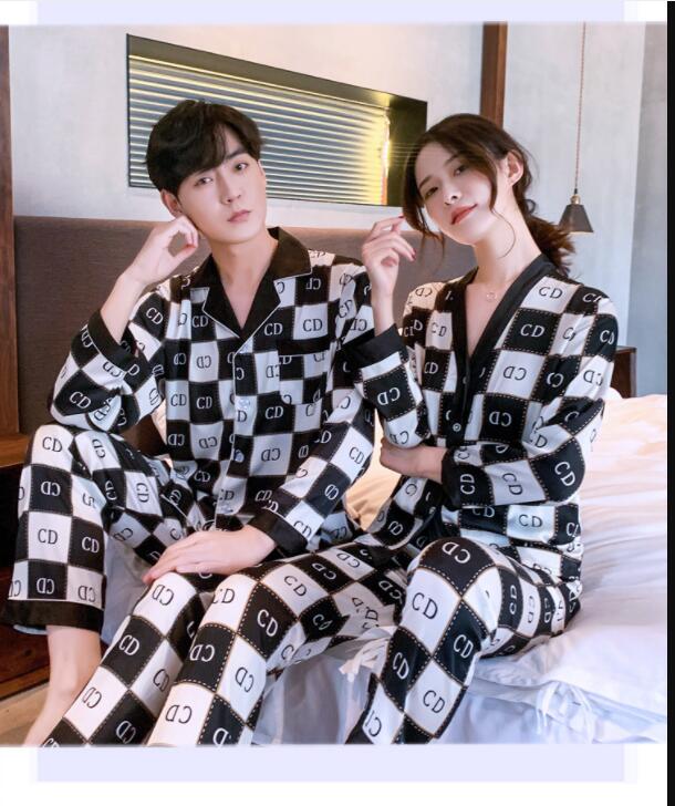 

Men's Sleepwear Pajama Set New Men's and Women's Houndstooth Ice Silk High Waist Long Sleeve Pants Couples Plus Size Homewear #M-XXL, Beige