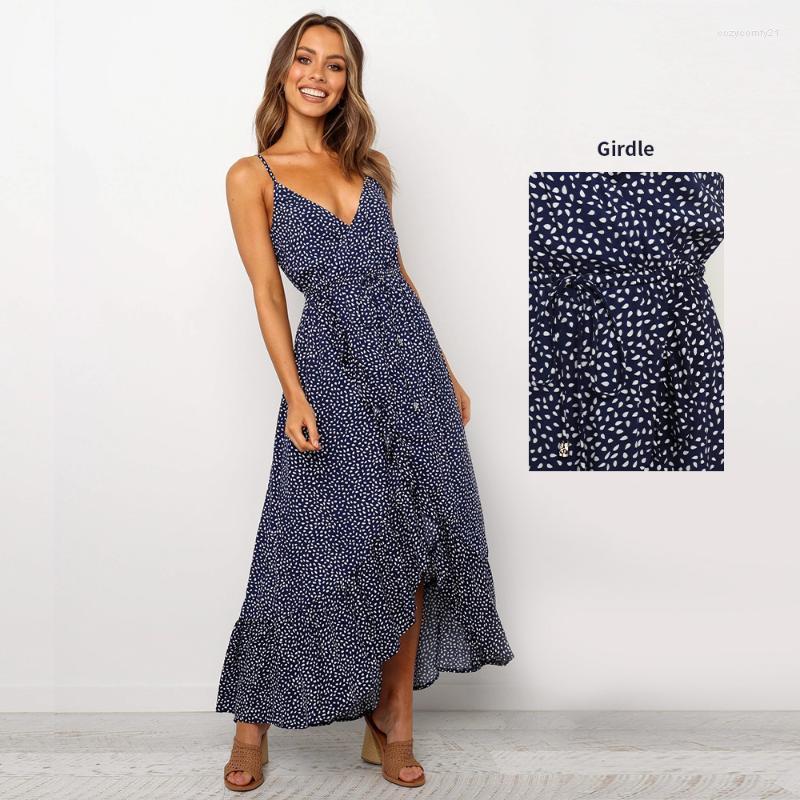 

Strap Dress Maxi Robe Dot Pattern Print Ruffles Asymmetrical Irregular Belt Girdle Dark Blue Casual Vintage Long Vestidos Dresses, As pic