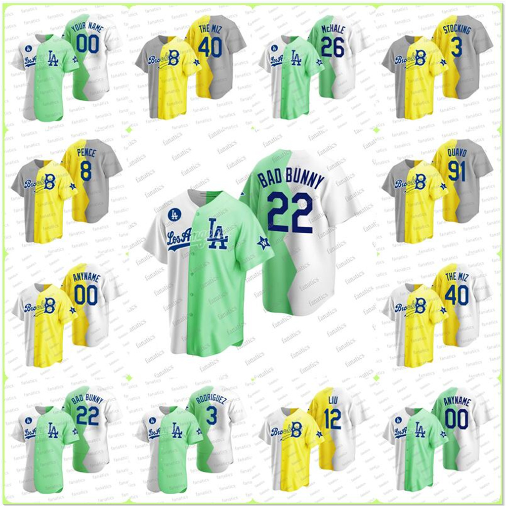 

2022 All-Star Dodgers Celebrity Softball Game Split Jersey 40 The Miz Jojo Siwa Shawn Green Nice 91 Quavo Andre Ethier Bad Bunny Bryan Cranston Simu Liu Joel McHale, Nik logo as picture