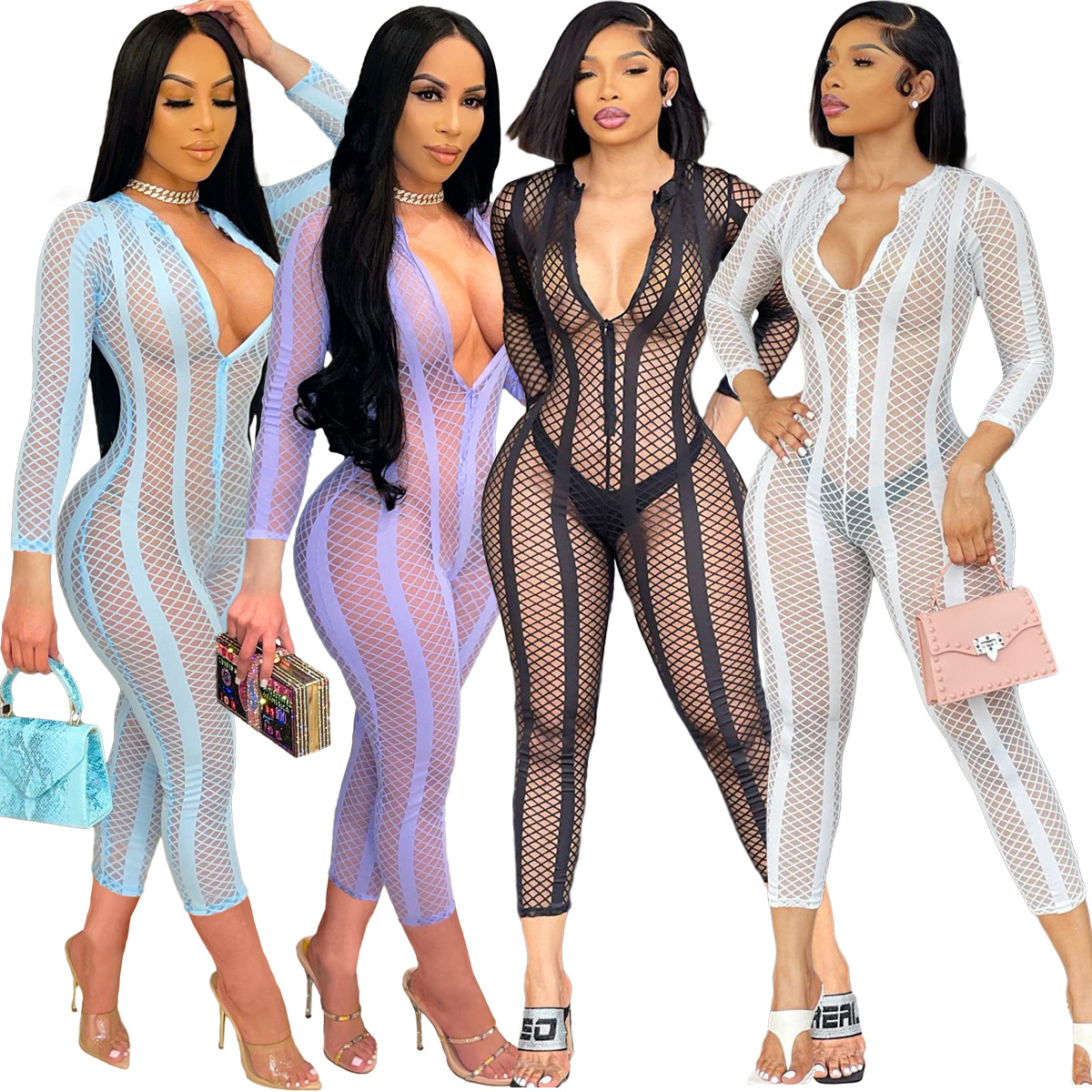 

Trendy Mesh See Through Bodycon Romper For Women Long Sleeve Zipper Skinny One Piece Jumpsuit ALS263, Sky blue