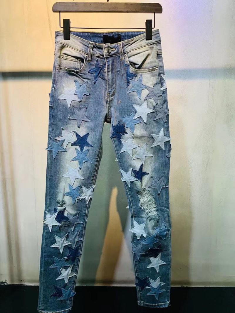 

Men's Jeans High Quality Streetwear Designer Patchwork Brand Jean Men Hip Hop Leather Star Stitching Ripped Denim Pant Tights, Blue