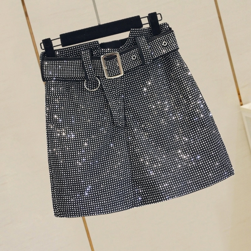

DEAT Autumn High Quality Women Above Knee Length Short Mini Black Rhingstone Skirt With Belt MG796 Y200326