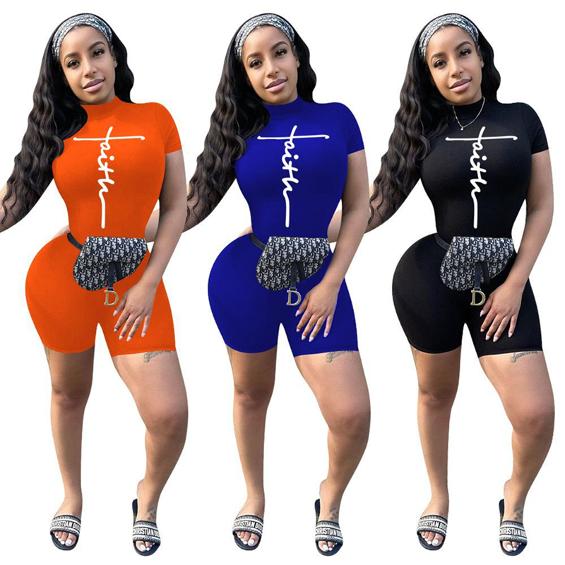 

Summer Letter Printed Rompers For Womens Short Sleeve Round Collar Solid Skinny Shorts Nightclub One Piece Jumpsuits D8293, Orange