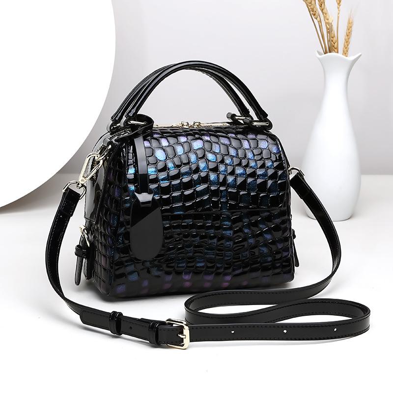 

Evening Bags Women Paint Cowhide Handbag 2022 Fashion High Quality Bucket Double Zipper Crossbody Genuine Leather Shoulder Bag, Blue