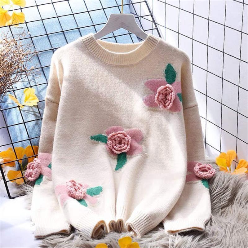 

Women' Sweaters Autumn Winter Three-Dimensional Sweater Knitting Loose O-Neck Rose Flower Women Fashion Small Fresh Jumper0558, Beige