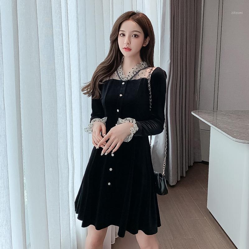 

Casual Dresses COIGARSAM Patchwork Women Dress Full Sleeve Mesh Black 9378
