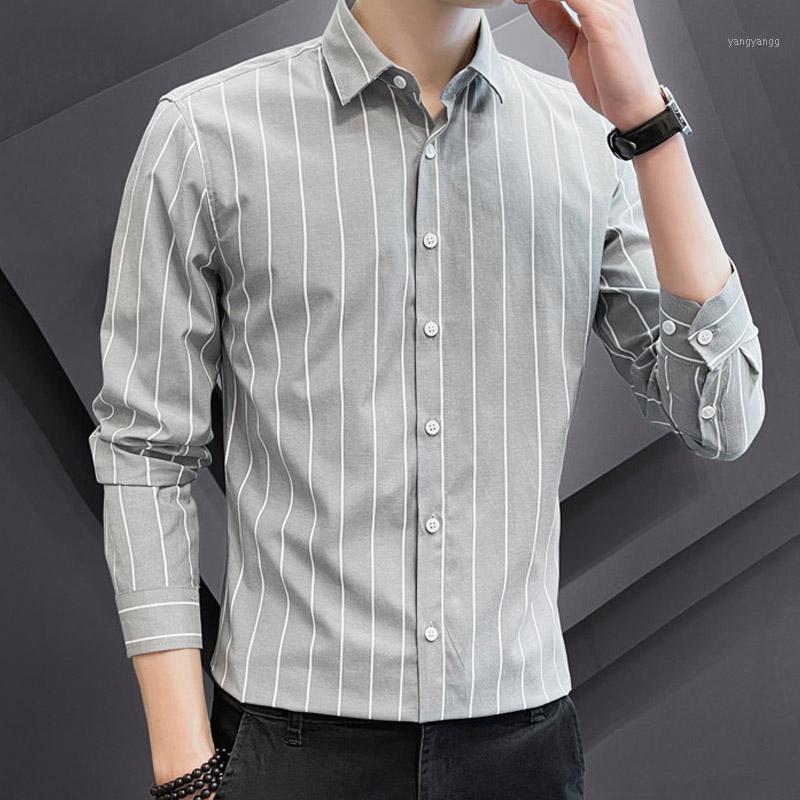 

Men's Casual Shirts Spring Autumn Handsome Fashion Mens Harajuku Cotton Long Sleeve Slim Fit Striped White Gray Black