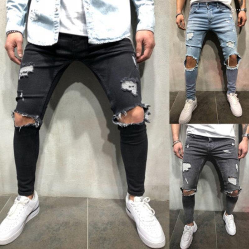 

Men' Jeans Men Black Slim Fit Knee Ripped Hole Stretch Distressed Homme Casual Destroyed Frayed Gray Denim Pencil PantsMen' Bert22