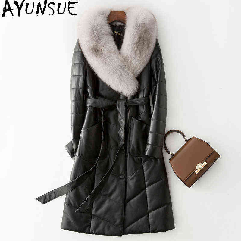 

Ayunsue Women Genuine Leather Coat Winter Genuine Sheepskin Coat Women Fox Fur Collar Down Jackets Belted Chaqueta Cuero Mujer J220727, Black gray collar.