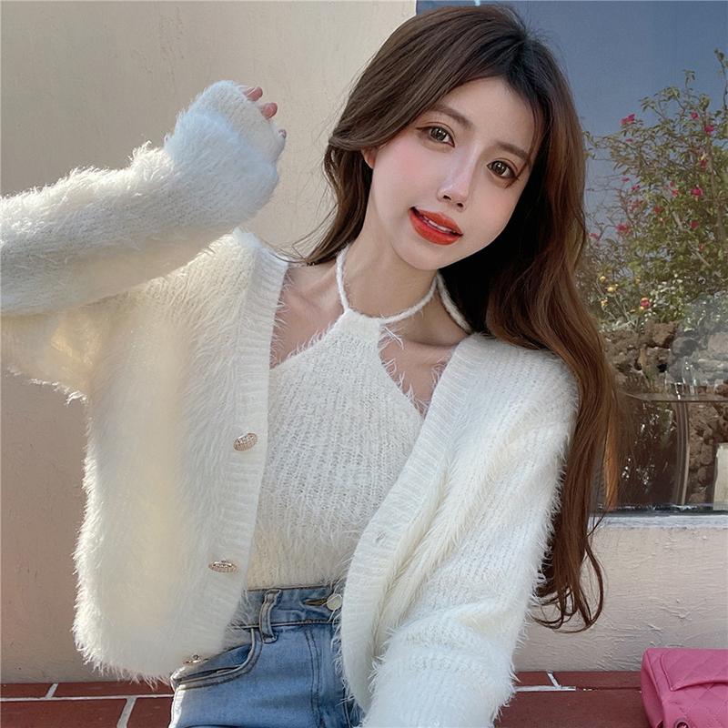 

Women's Knits & Tees Elegant Knit Two Piece Set Cardigan Women Long Sleeve Crop Cardigans And Tank Top Spring Winter Clothes Pull Femme Hive, White