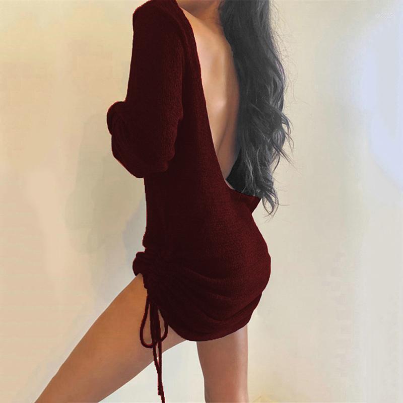

Casual Dresses 2022 Ladies Sweater Dress Sexy Fashion O-neck Halter Drawstring Autumn Solid Color Loose Long Sleeve, White