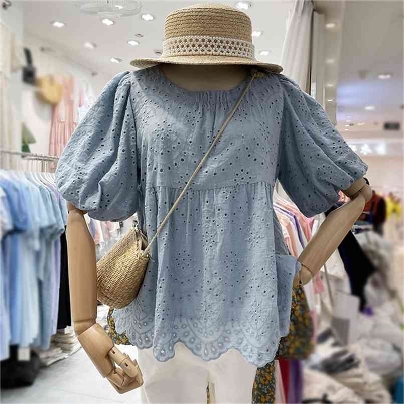 

Summer Arrival Solid Embroidery Hollow out Women's Shirt Pullover Short Puff sleeve A-line Cotton Tops 210602, White