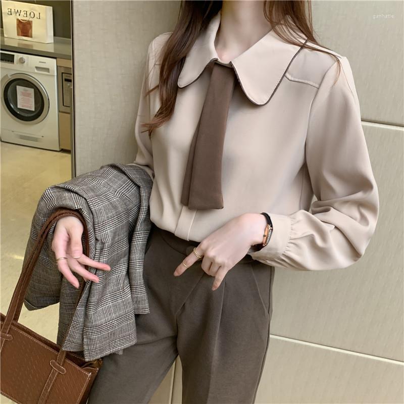 

Women' Blouses & Shirts Loose Office Women Tops Vintage Long Sleeve 2022 Elegant Autumn Spring Tie Korean Style Casual Sweet ShirtsWomen, White
