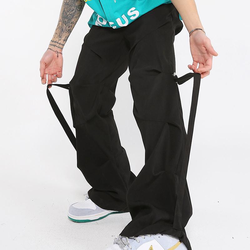 

Men' Pants Hip Hop Pleated Ribbon Casual Men Fashion High Street Elastic Waist Loose And Women Trousers Streetwear Y2k SweatpantsMen, Black