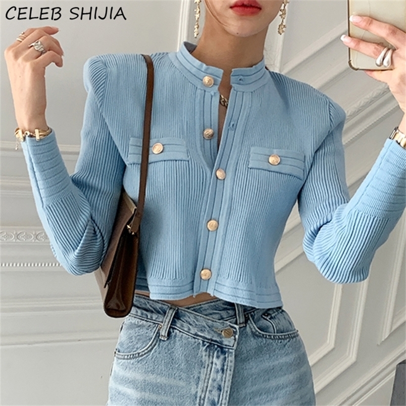

Chic Blue Knitted Cardigan Woman Gold Button Vintage Sweater Female Single-breasted Business Cropped Sweater Woman Tops 220325, Chocolate color