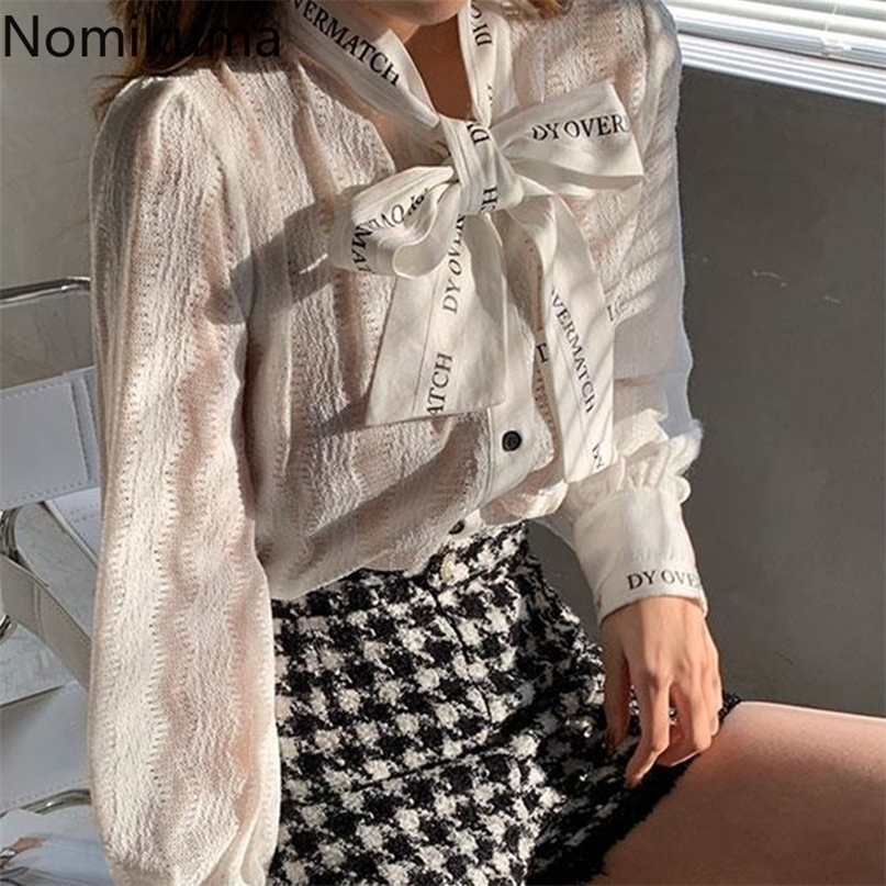 

Nomikuma Korean Elegant Lace Shirt Letters Bow Tie Long Sleeve Women Blouses Spring Autumn Blusas Mujer De Moda 6F437 220402, White
