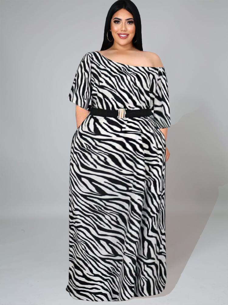 

Plus Size Dresses Long Prom 4XL Short Sleeve Color Block Slash Neck Outfits With Waist Belt For Ladies Office Casual Party Gowns, Zebra