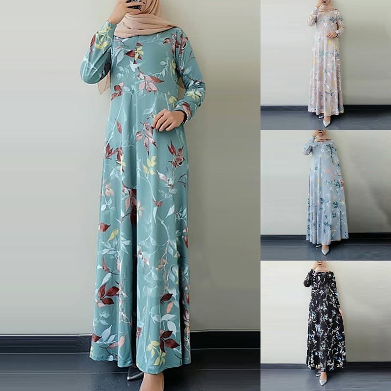 

Casual Dresses Fashion Women Retro Dubai Long Sleeve Floral Printed Hijab Turkey Dress Round Neck Maxi Vestidos Robe Musulman#g3, Black