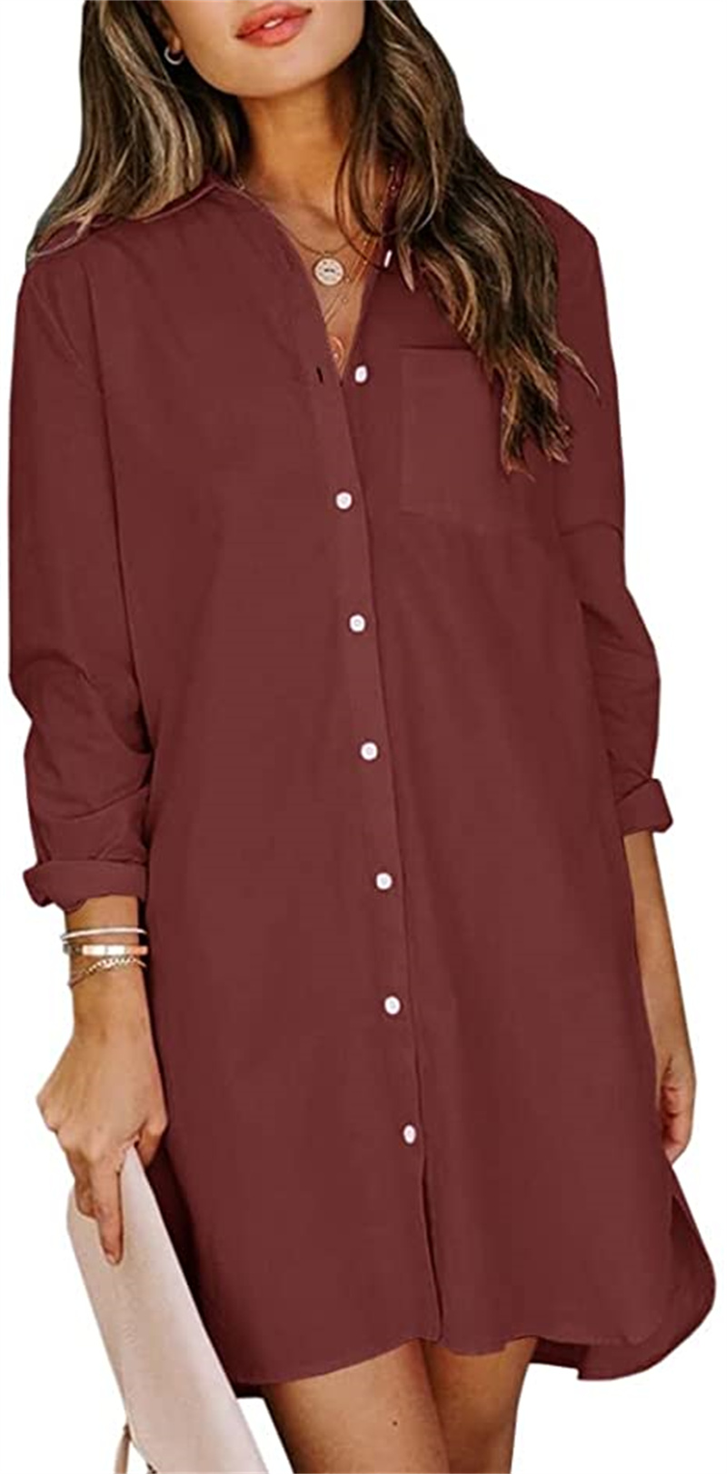 

Women' Tops & Tees casual buttoned shirtdress long sleeve lapel pocket pure color fan your dress, Photo show
