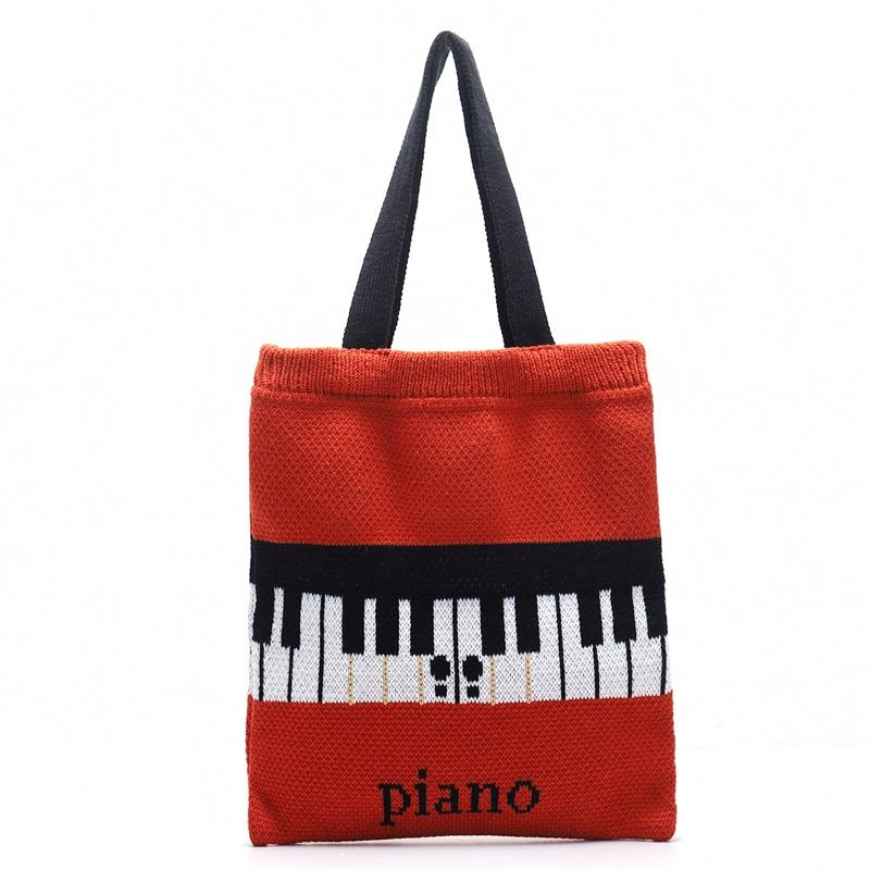 

Evening Bags Female Casual Soft Woolen Crochet Piano Pattern Open Daily Shopping Top-handle Tote Bag Teenager Korean Fashion Knitting Handba, Red