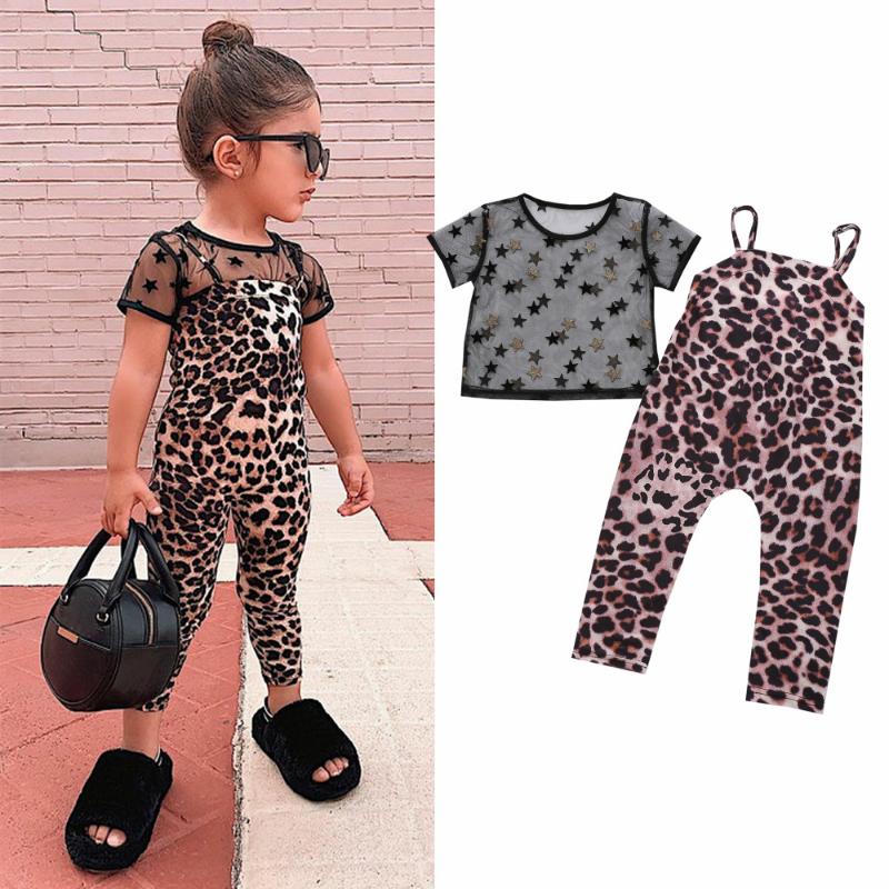 

Clothing Sets 1-6Y Kids Summer Clothes Baby Star Sequin Mesh Sheer Short Sleeve T-shirt Leopard Sleeveless Jumpsuits Children OverallsClothi, Auburn